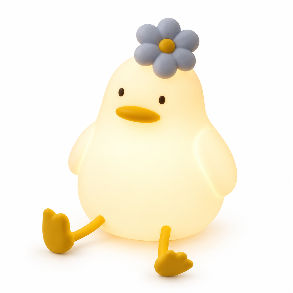 White silicone duck night light with a daisy on its head, glowing warm, on a white background