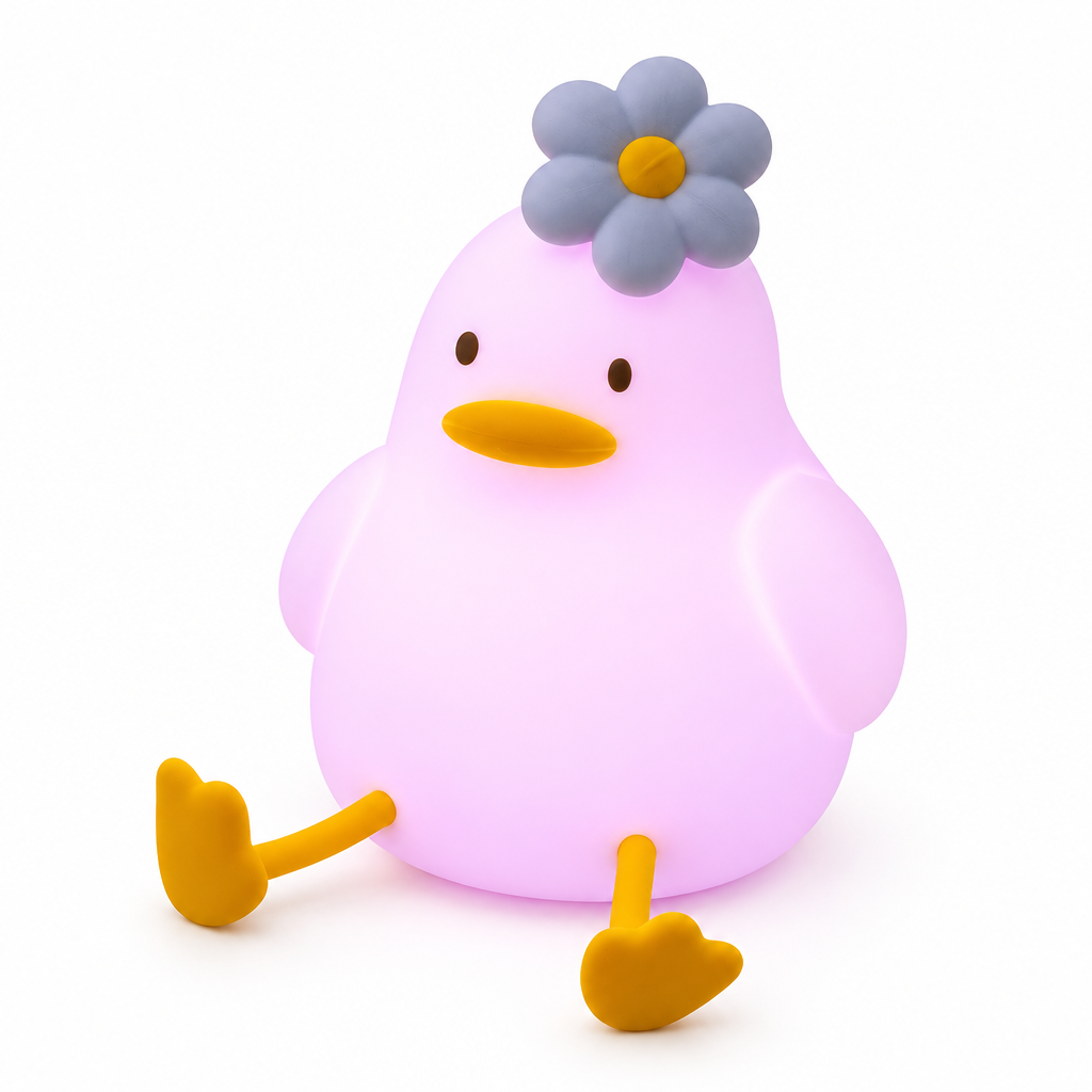 White silicone duck night light with a daisy on its head, glowing soft pink, on a white background