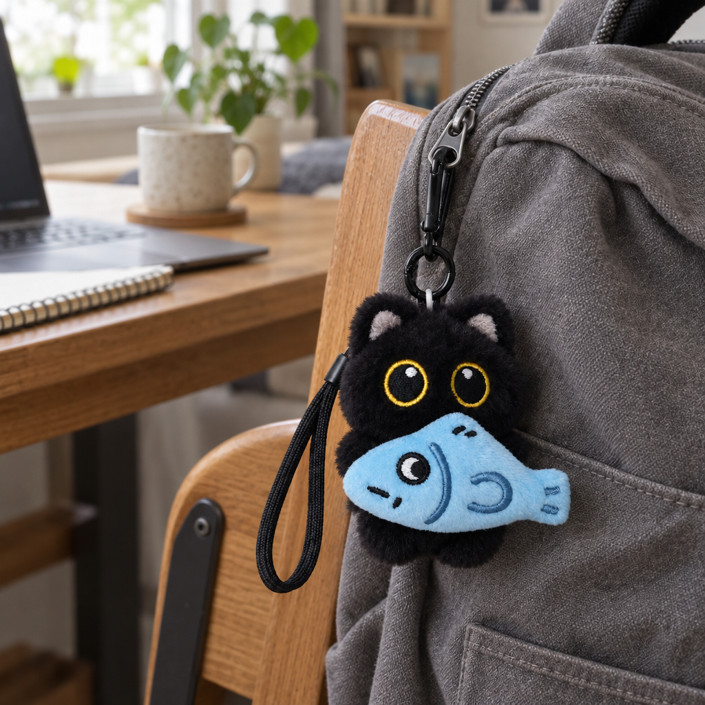 Black cat bag charm with a blue fish hanging from a canvas backpack