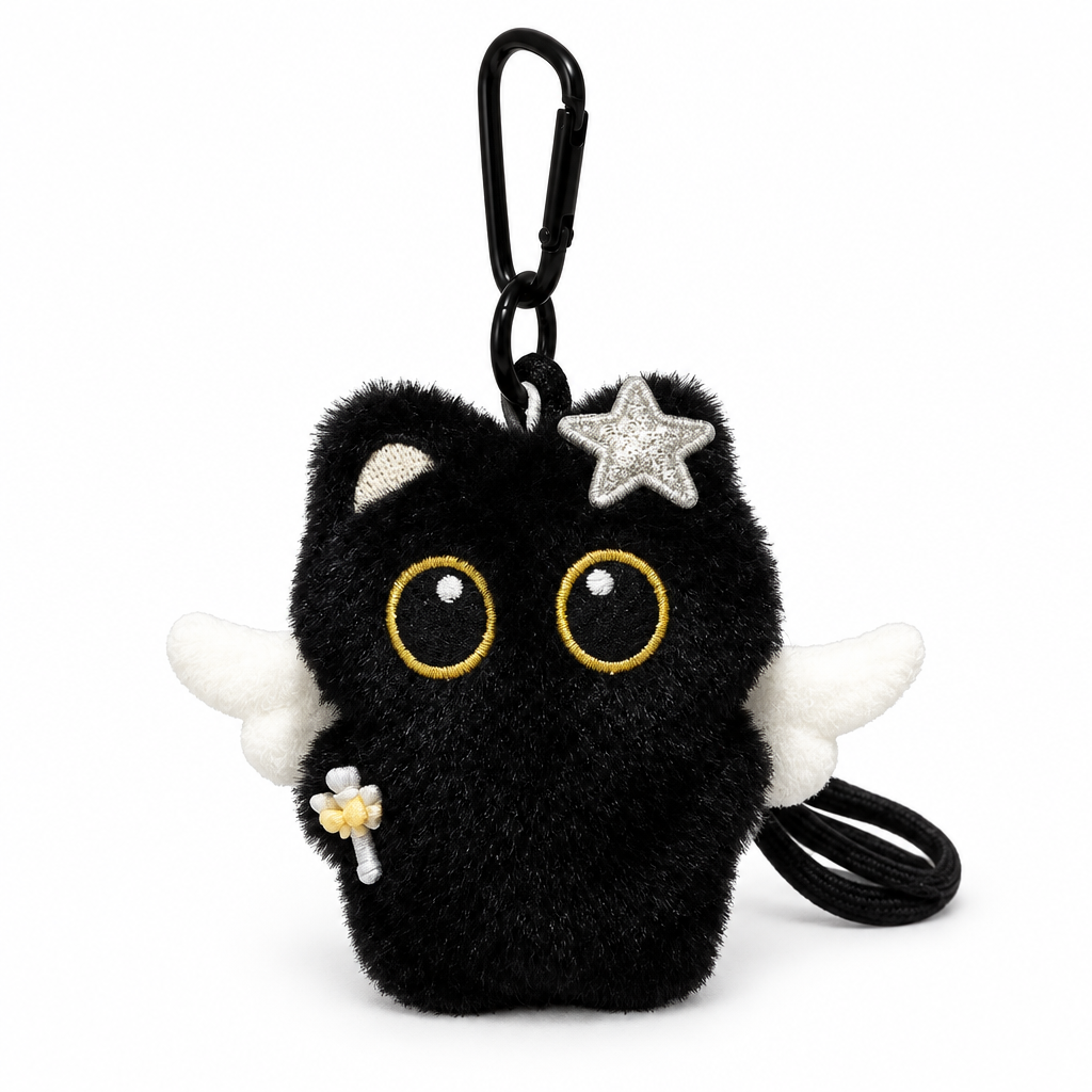 Black cat plush bag charm with a star and little white wings on a white background
