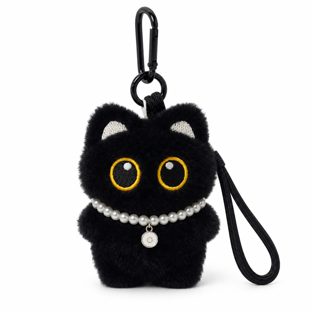 Black cat plush bag charm wearing a pearl necklace on a white background