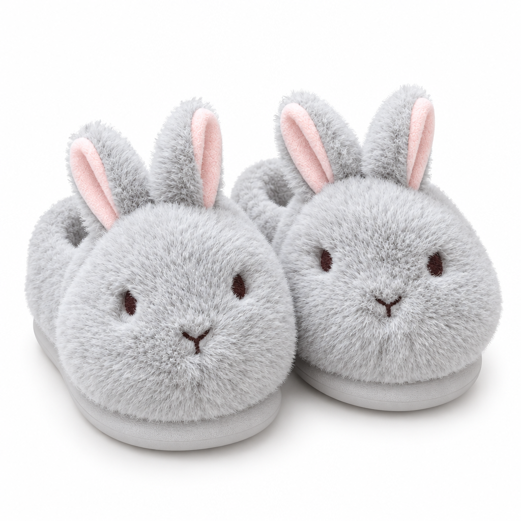 Gray fluffy bunny slippers with pink-lined ears on a white background