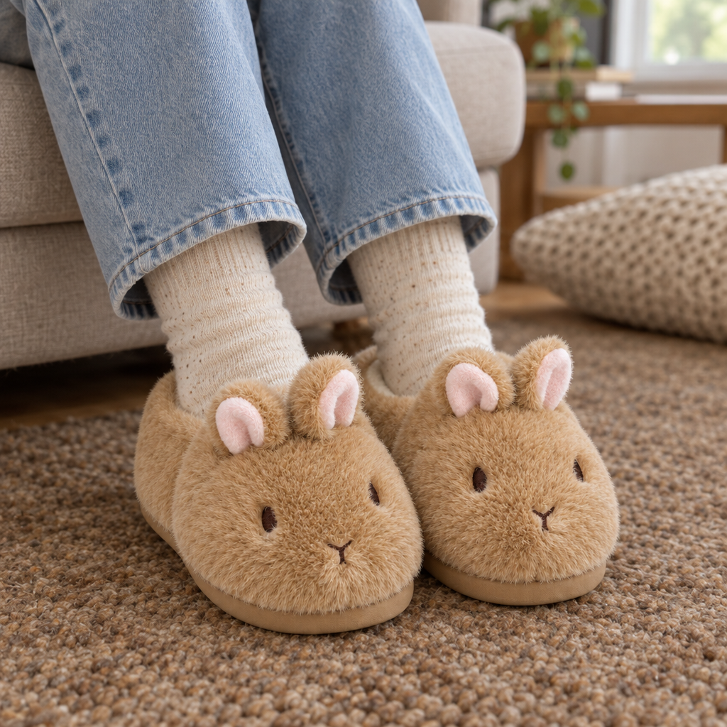 Adult feet in tan fluffy bunny slippers on a living room carpet