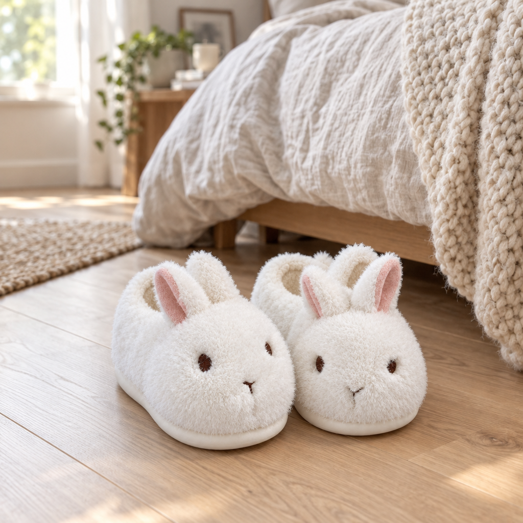 Pair of white fluffy bunny slippers at the foot of a bed
