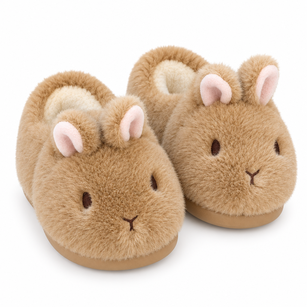 Tan fluffy bunny slippers with pink-lined ears on a white background