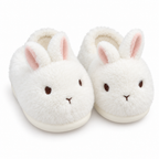 White fluffy bunny slippers with pink-lined ears on a white background