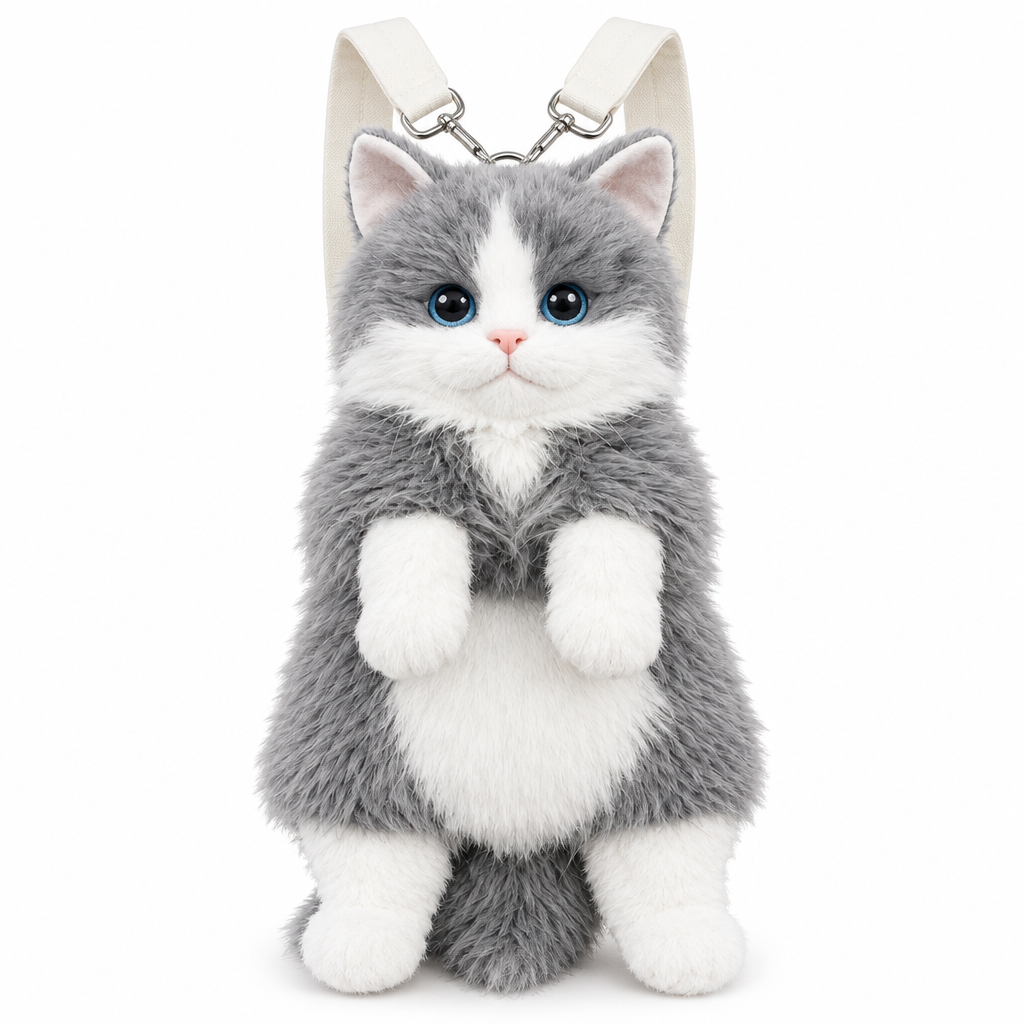 Gray and white fluffy cat plush backpack on a white background