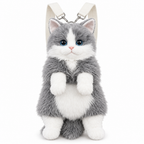 Gray and white fluffy cat plush backpack on a white background