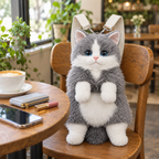 Gray fluffy cat backpack sitting on a café chair next to a coffee