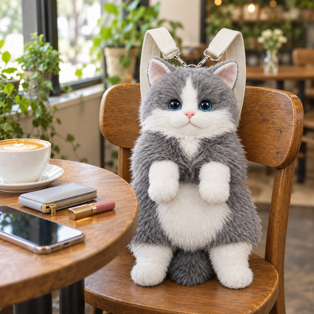 Gray fluffy cat backpack sitting on a café chair next to a coffee