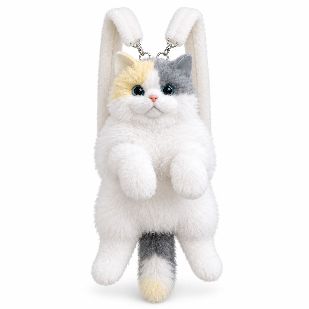 Pastel calico cat plush backpack on a white background