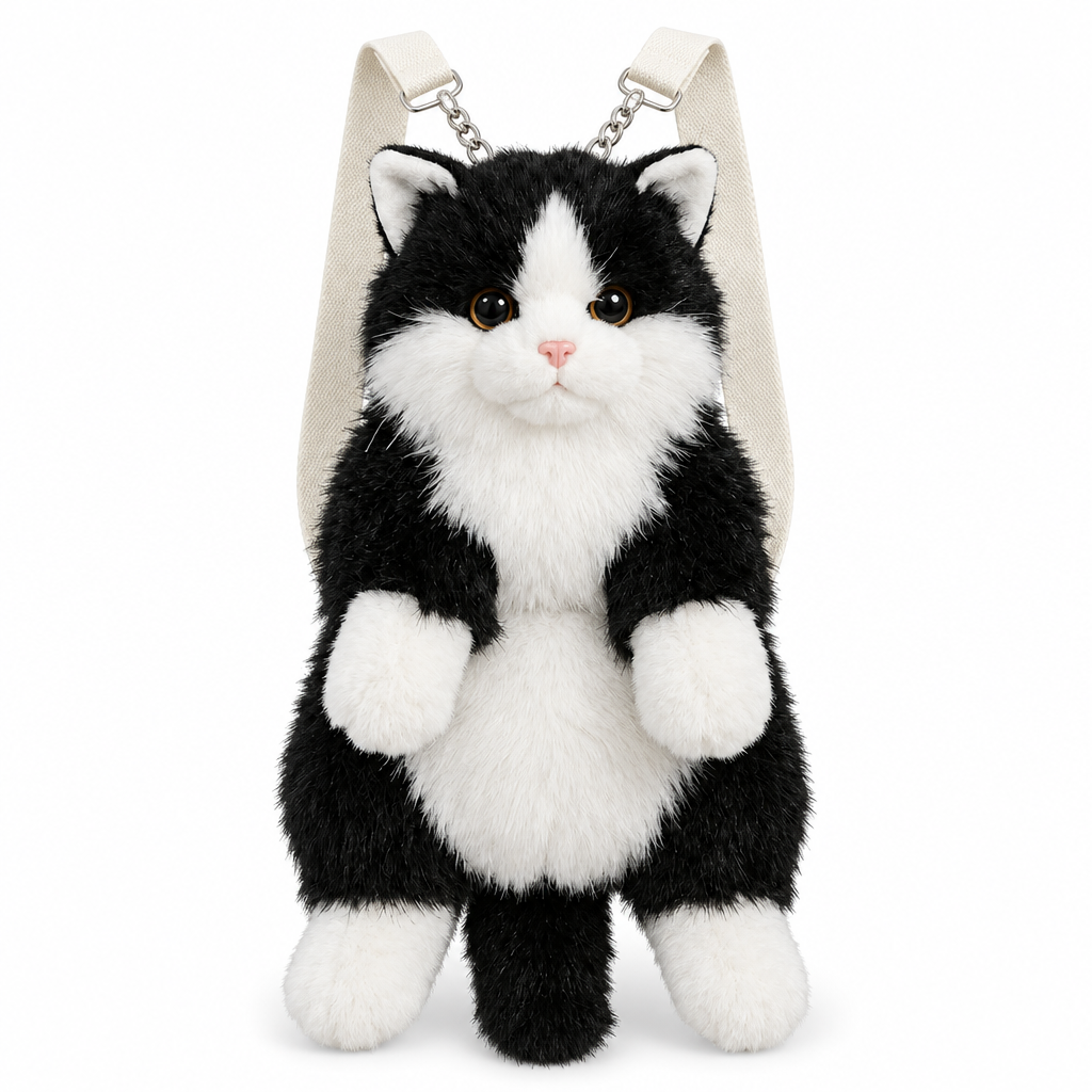 Black and white tuxedo cat plush backpack on a white background