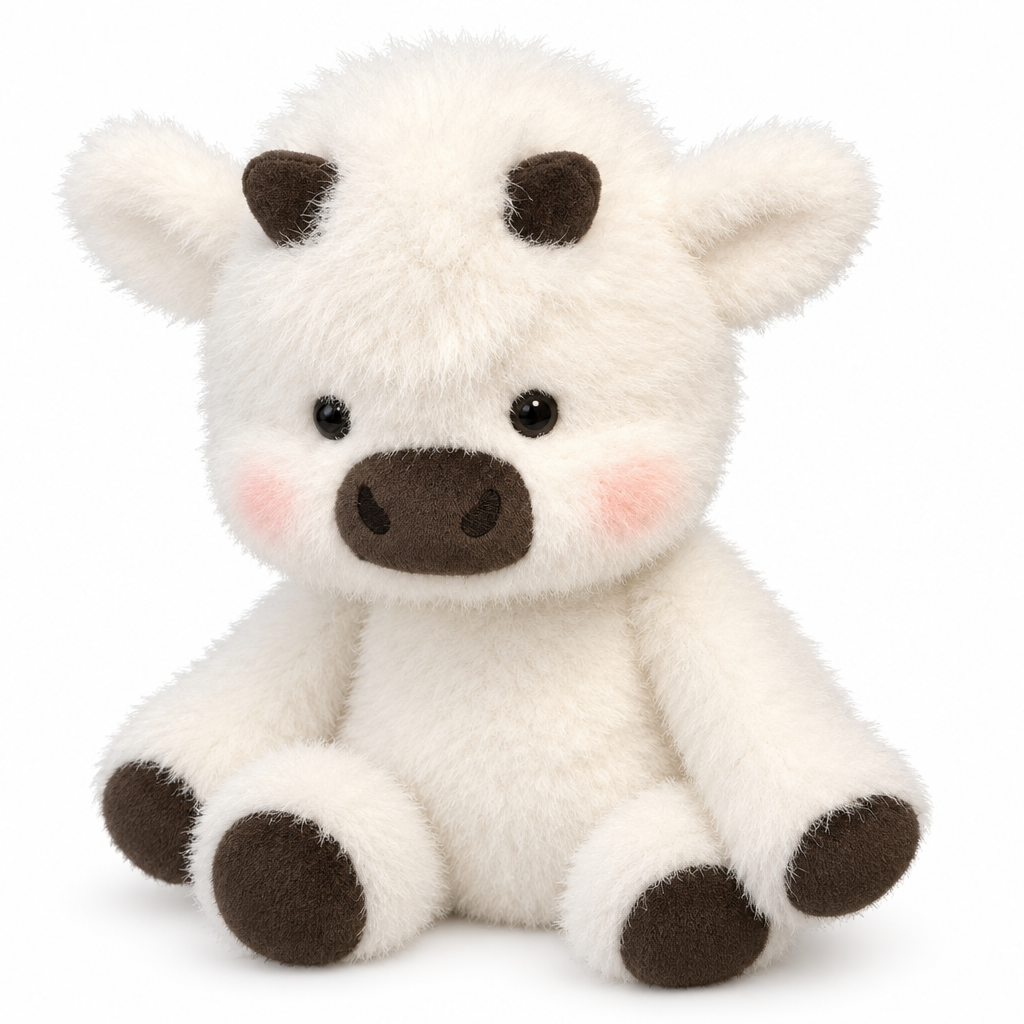 Fluffy white cow plush with a dark brown muzzle and pink cheeks on a white background