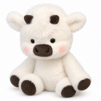 Fluffy white cow plush with a dark brown muzzle and pink cheeks on a white background