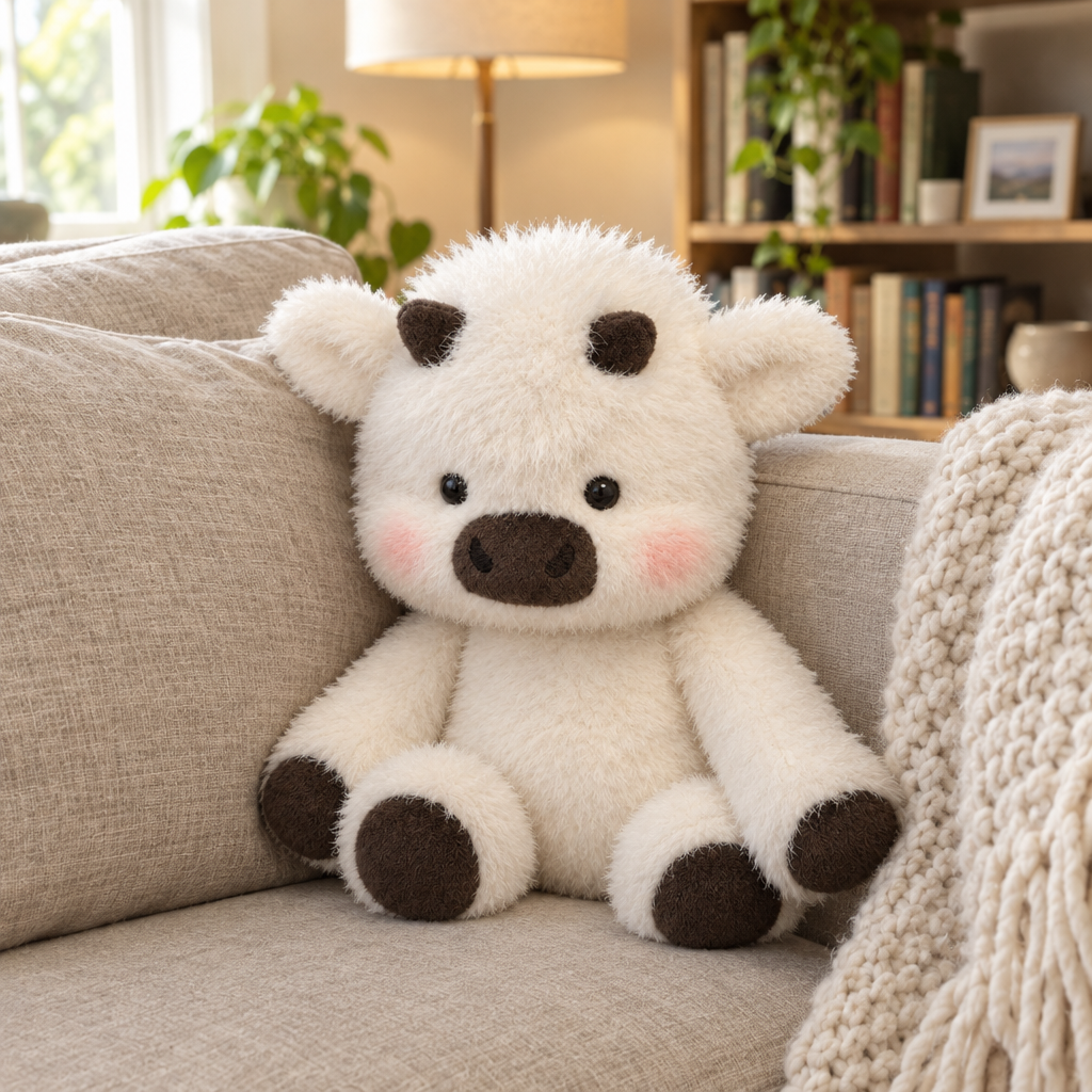 Big fluffy white cow plush sitting in the corner of a beige sofa