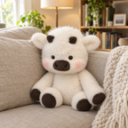Big fluffy white cow plush sitting in the corner of a beige sofa