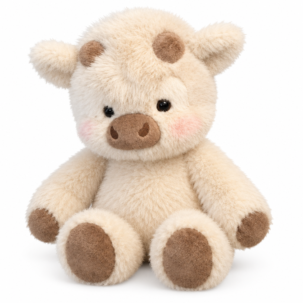 Fluffy cream cow plush with taupe spots on its head on a white background