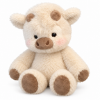 Fluffy cream cow plush with taupe spots on its head on a white background