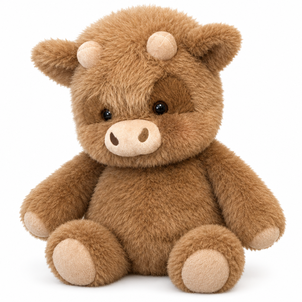 Fluffy caramel-brown cow plush with a beige muzzle on a white background