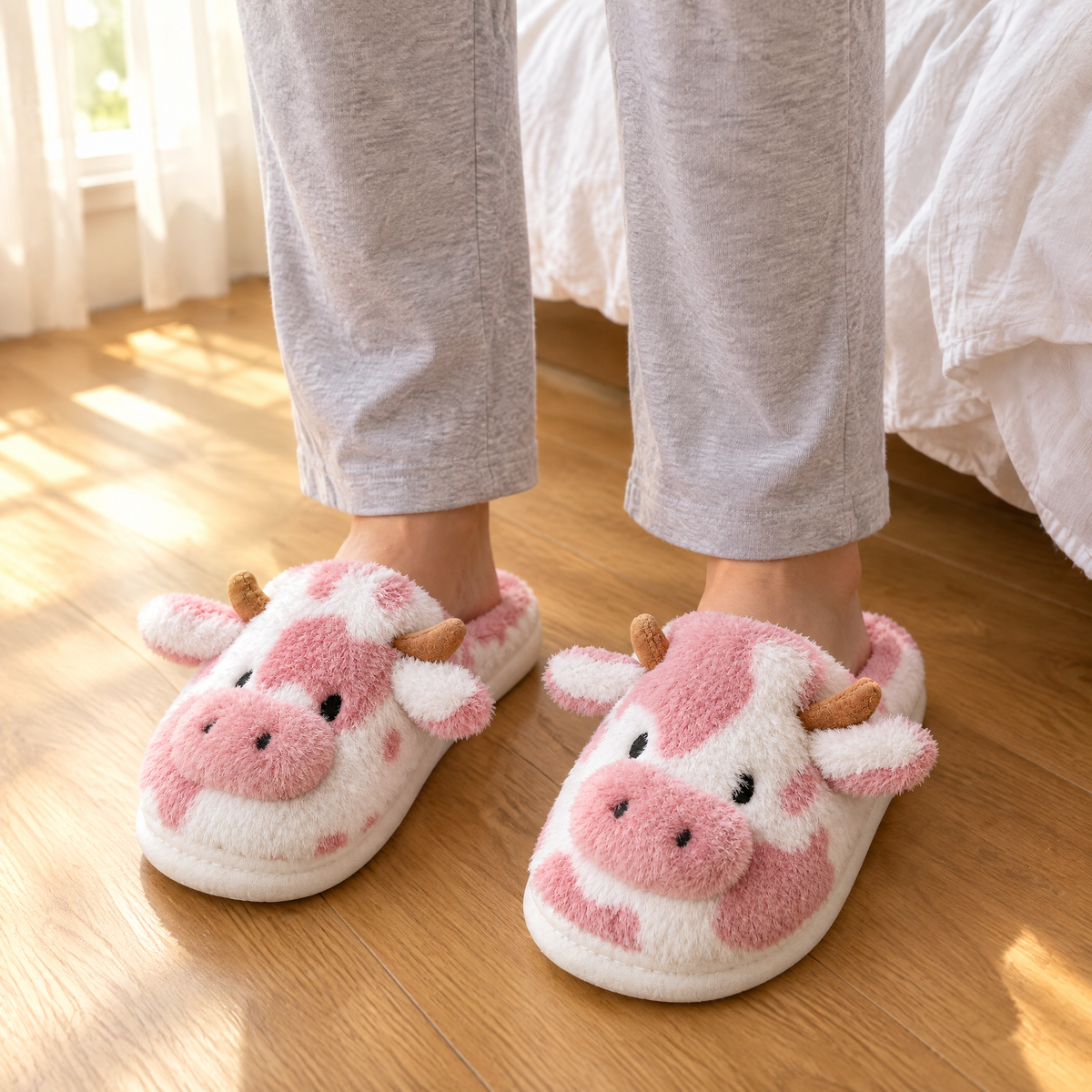 Pink Fluffy Cow Slide Slippers worn on a wooden bedroom floor beside the bed in morning light