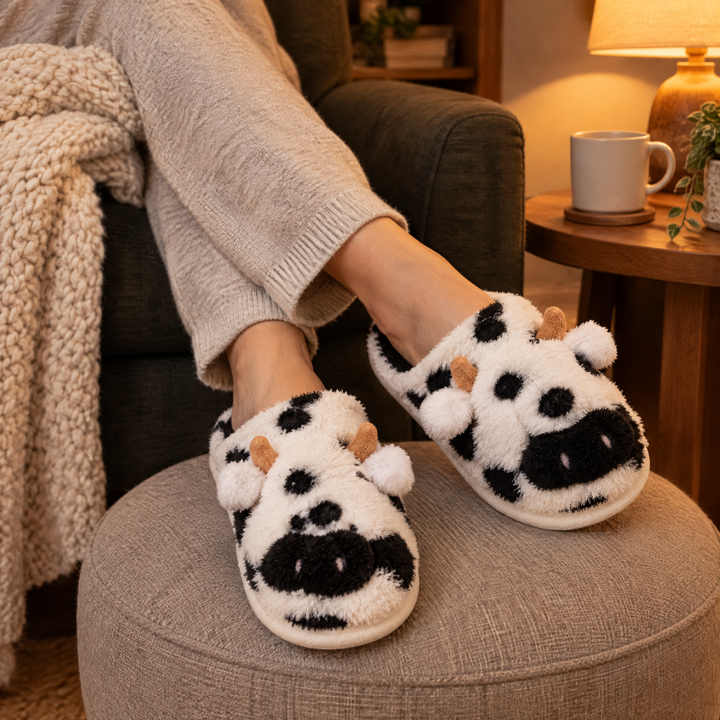 Black Fluffy Cow Slide Slippers worn with ankles crossed on a footstool in warm lamp light