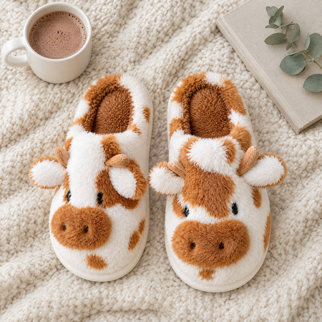 Brown Fluffy Cow Slide Slippers flat lay with a mug of cocoa, a book and greenery