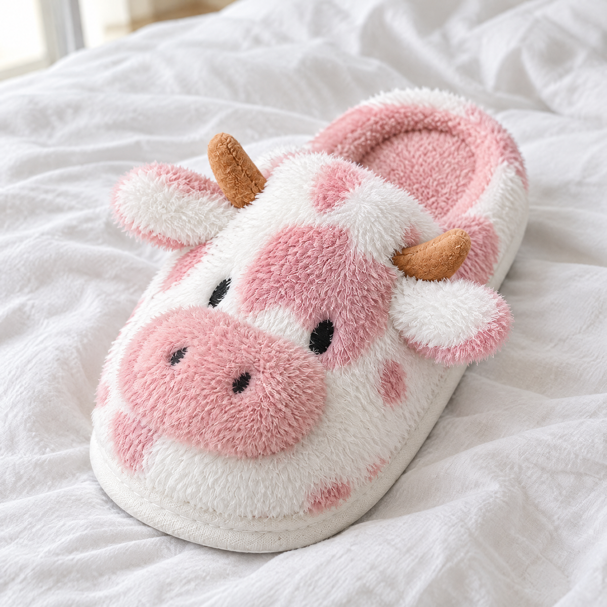 Close-up of a pink fluffy cow slide slipper on white linen bedding showing its muzzle, ears and horns