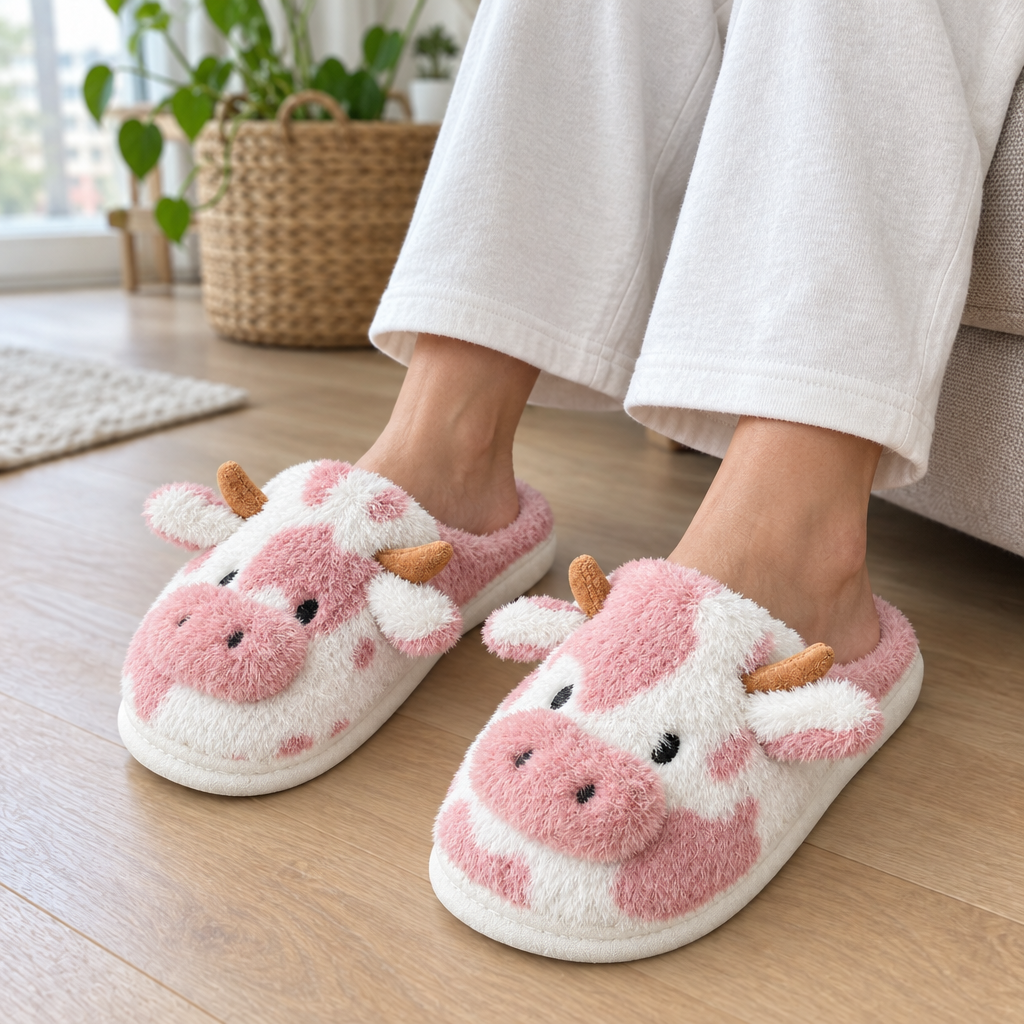 Adult feet wearing pink cow slide slippers on a wooden floor