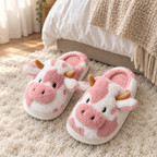 Pair of pink cow slide slippers on a cream rug at the foot of a bed