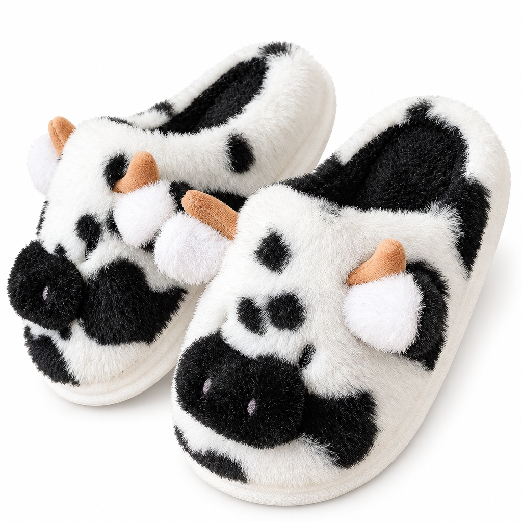 White fluffy cow slide slippers with black patches on a white background