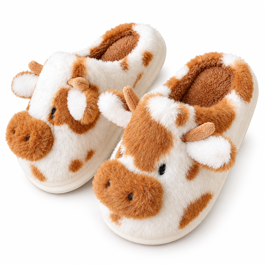 White fluffy cow slide slippers with caramel-brown patches on a white background