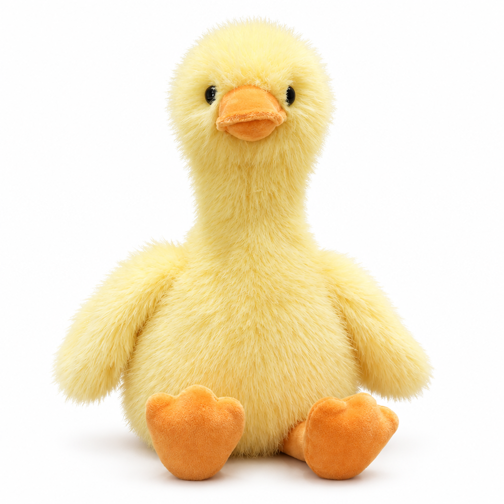 Fluffy yellow duck plush on a white background