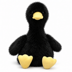 Fluffy black duck plush on a white background