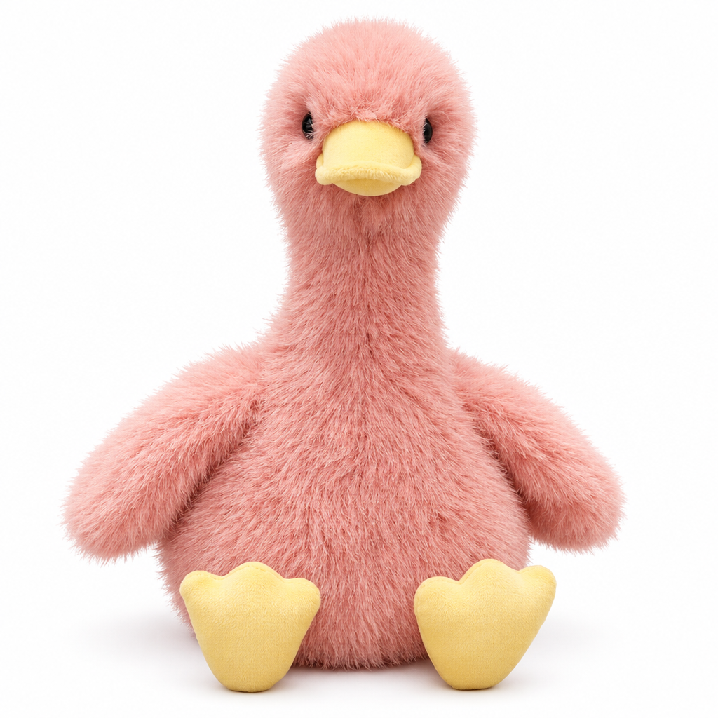 Fluffy pink duck plush on a white background