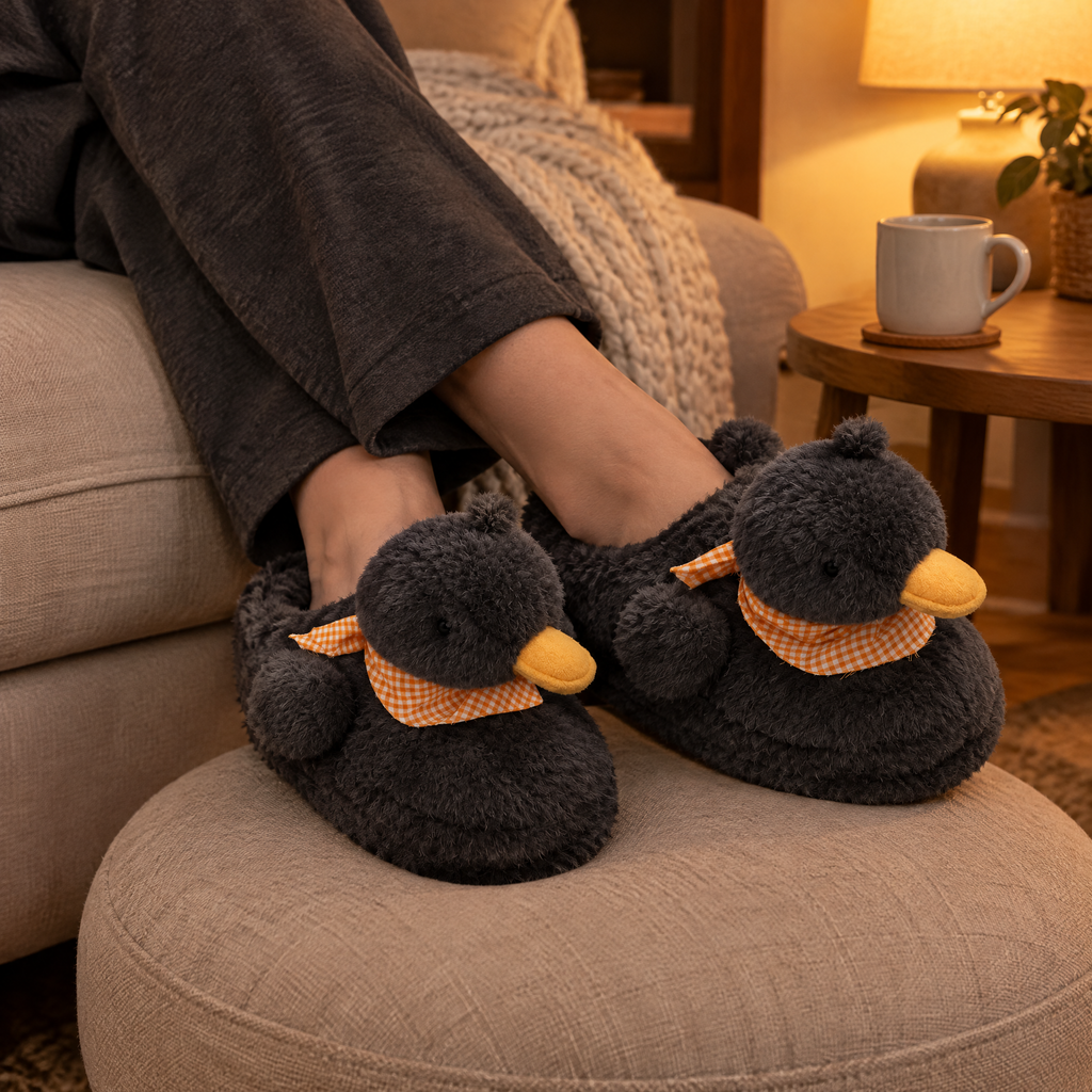 Black Fluffy Duck Slippers worn with ankles crossed on a footstool in warm lamp light