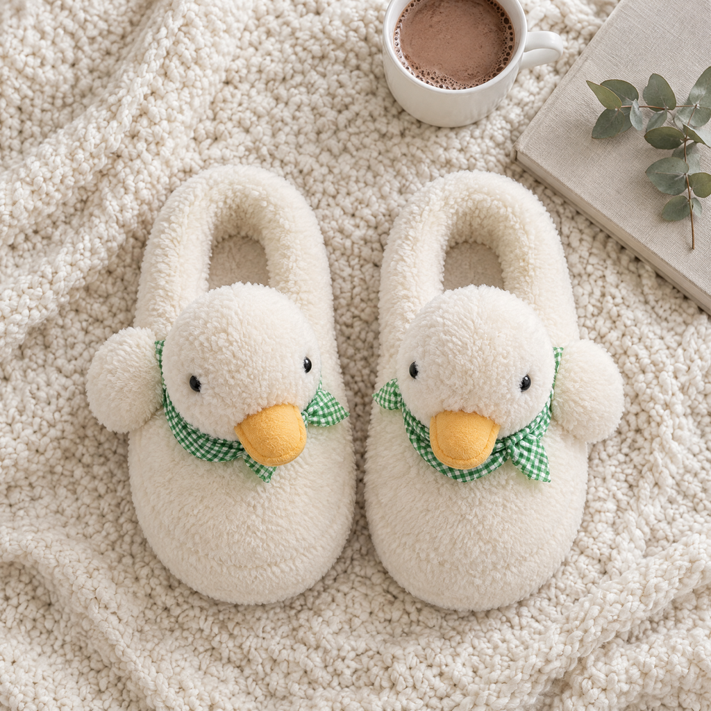 White Fluffy Duck Slippers flat lay on a knit blanket with cocoa, a book and greenery