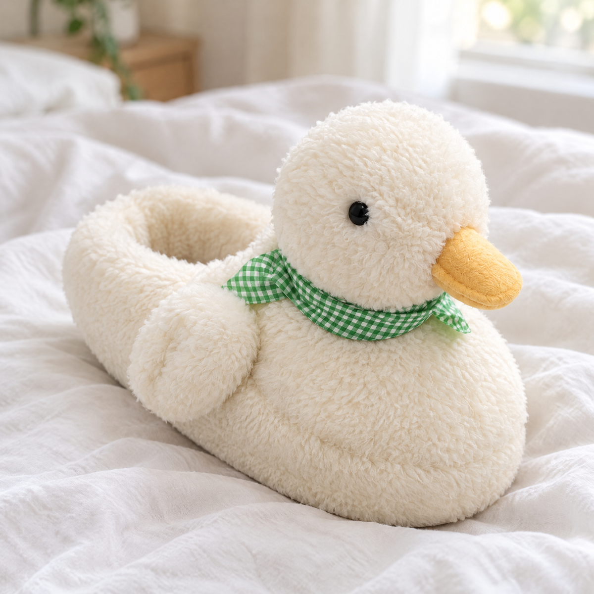 Close-up of a white fluffy duck slipper on white linen bedding showing its face and texture