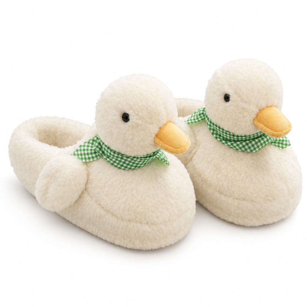 Pair of fluffy white duck slippers with green gingham scarves on a white background