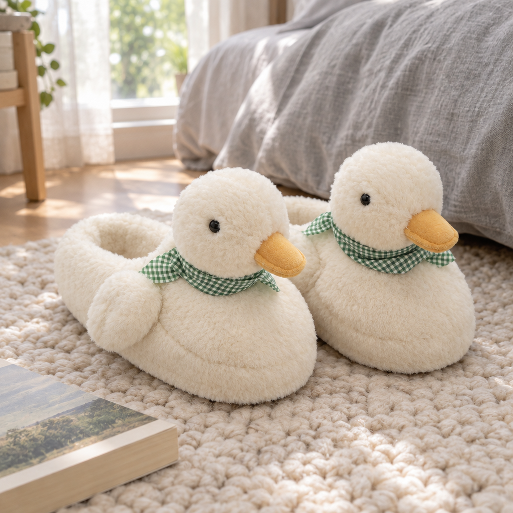 Pair of white duck slippers with gingham scarves on a knit rug beside a bed