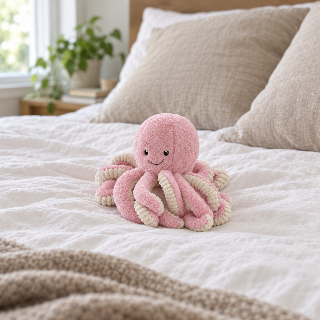 Pink fluffy octopus plush sitting on a made bed with linen bedding