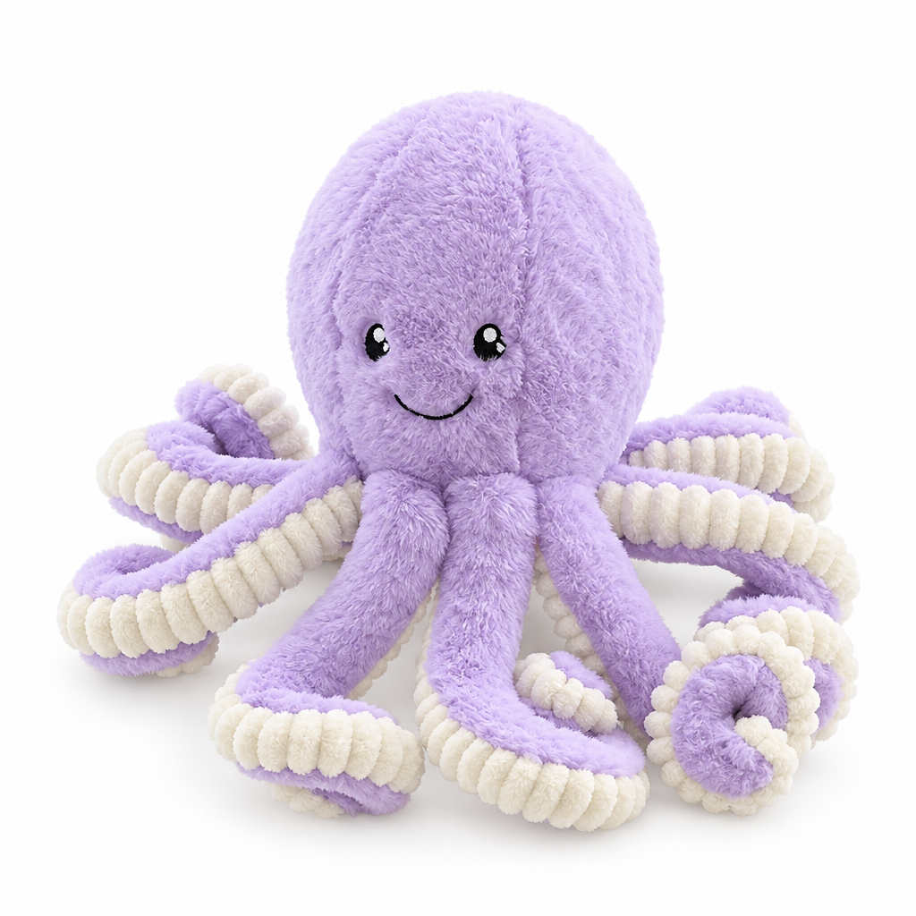 Lavender fluffy octopus plush with curly tentacles on a white background