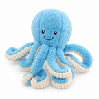 Blue fluffy octopus plush with curly tentacles on a white background