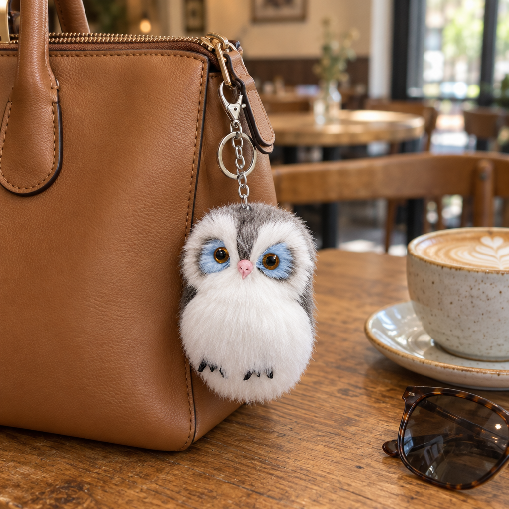 Gray fluffy owl keychain clipped to a brown handbag on a café table