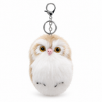 Beige and white fluffy owl keychain with a silver clasp on a white background