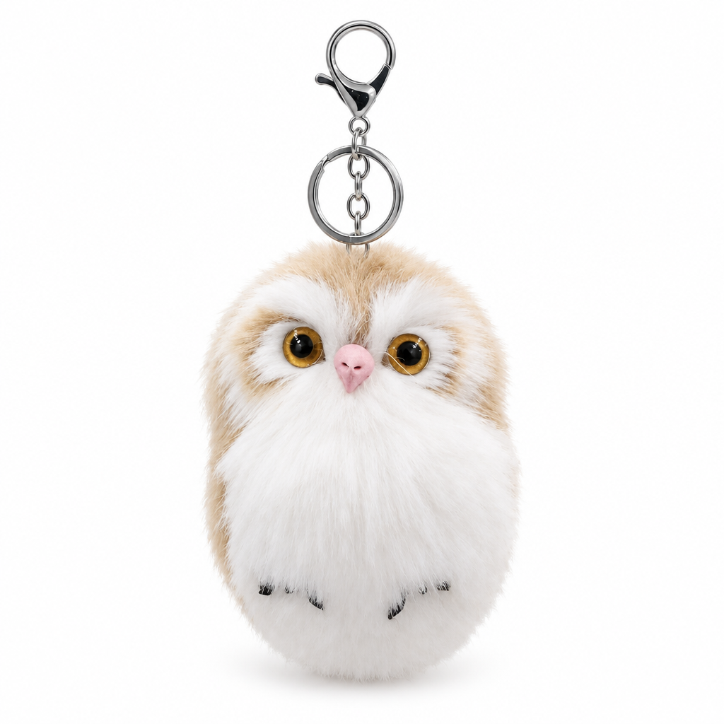 Beige and white fluffy owl keychain with a silver clasp on a white background