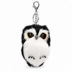 Black and white fluffy owl keychain with a silver clasp on a white background