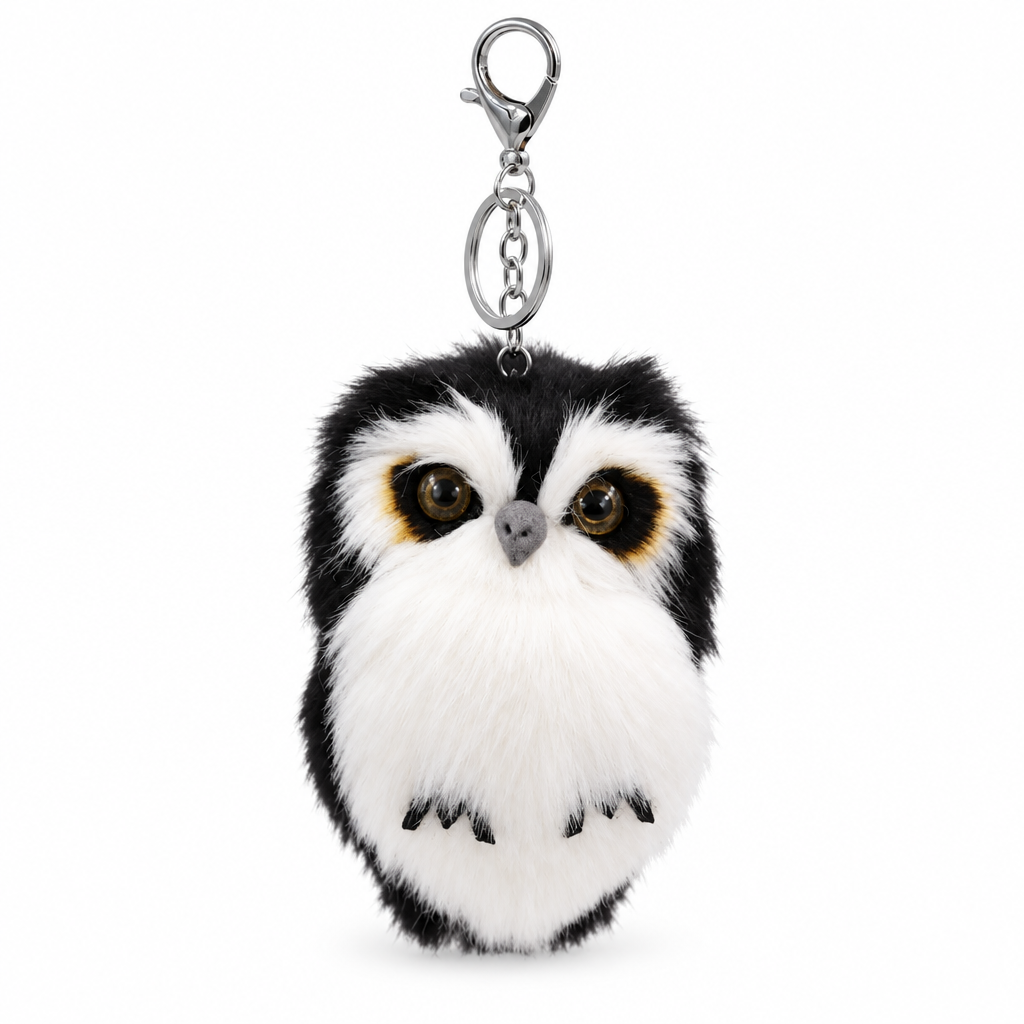 Black and white fluffy owl keychain with a silver clasp on a white background