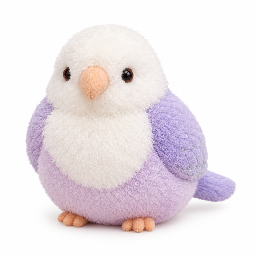 Fluffy white and lilac budgie bird plush on a white background