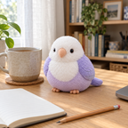 Lilac budgie plush sitting on a wooden desk next to a notebook and a mug