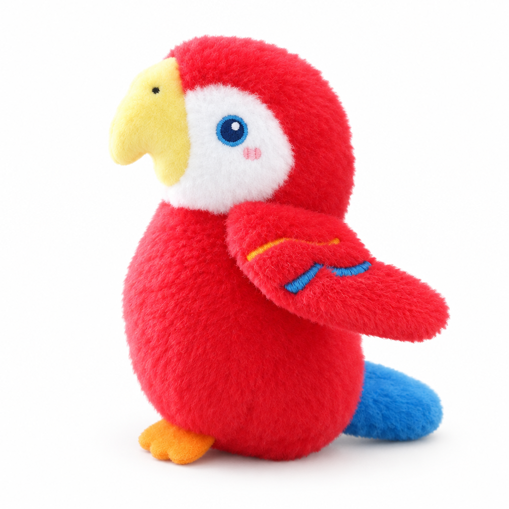 Fluffy red cartoon parrot plush with a blue tail on a white background